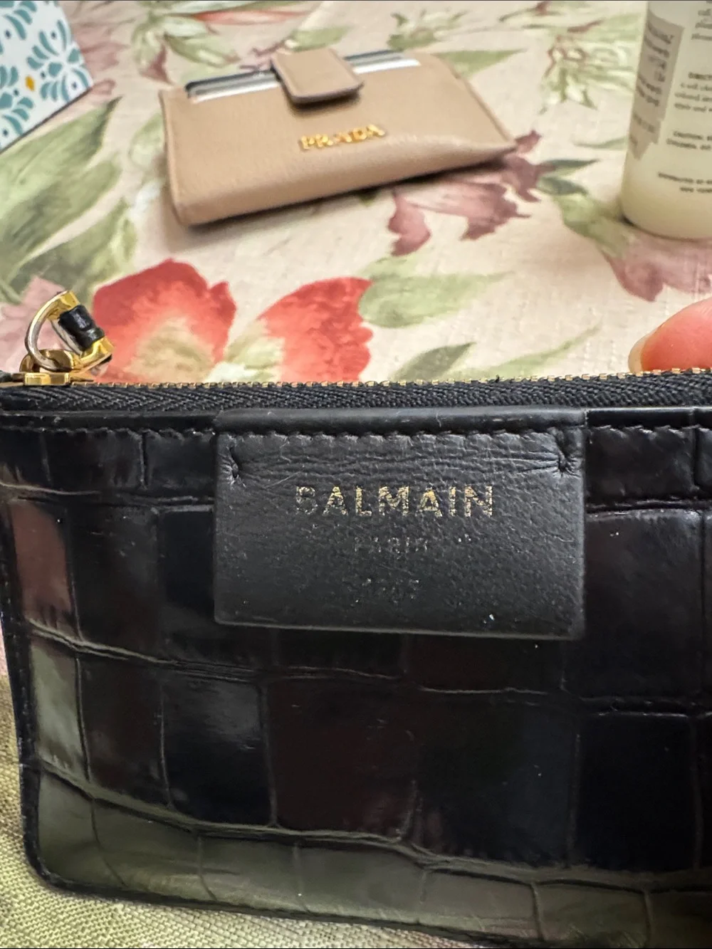 Balmain Black Croc-Embossed Leather Zip Pouch with Gold Hardware